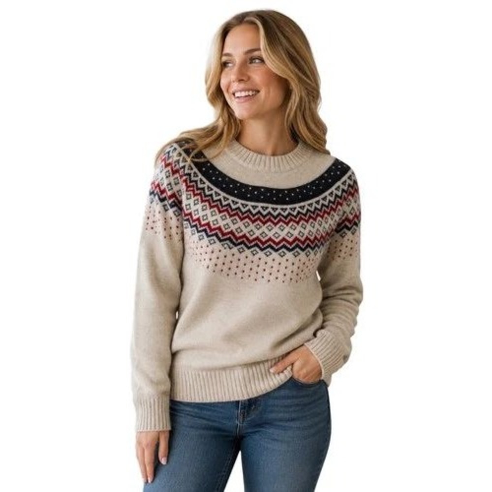 Duluth Trading Co Women Ivory Fair Isle Wool Cashmere Blend Sweater Size Small